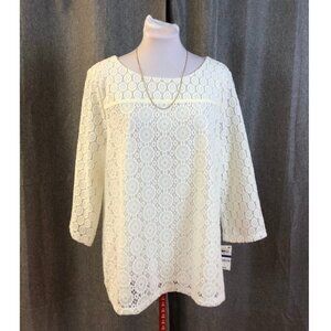 NWT Charter Club Ivory White Eyelet Overlay 3/4-Sleeve Shirt XL
